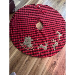 Buffalo Plaid Christmas Tree Skirt Bear Sleigh Reindeer Embroidered